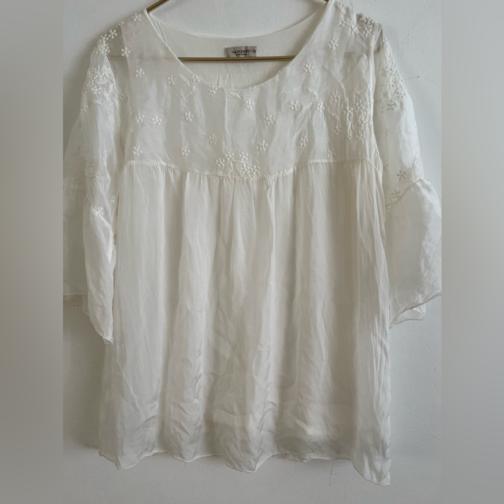 Via SIGNORIA MADE IN  ITALY 100% silk blouse, off white, embroidered size M